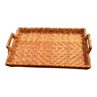 Vintage Hand-Woven Rattan Rectangular Serving Tray With Handles For Sale