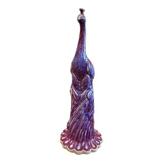 Jun Ware Flambe Glazed Peacock Sculpture – 19.7" Ceramic Bird Figure With Purple Drip Glaze For Sale