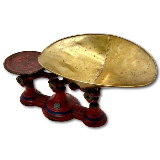 Nice Antique American Victorian Cast Iron & Brass Small Size Kitchen Scale With Excellent Original Red & Blue Paint For Sale - Image 11 of 18
