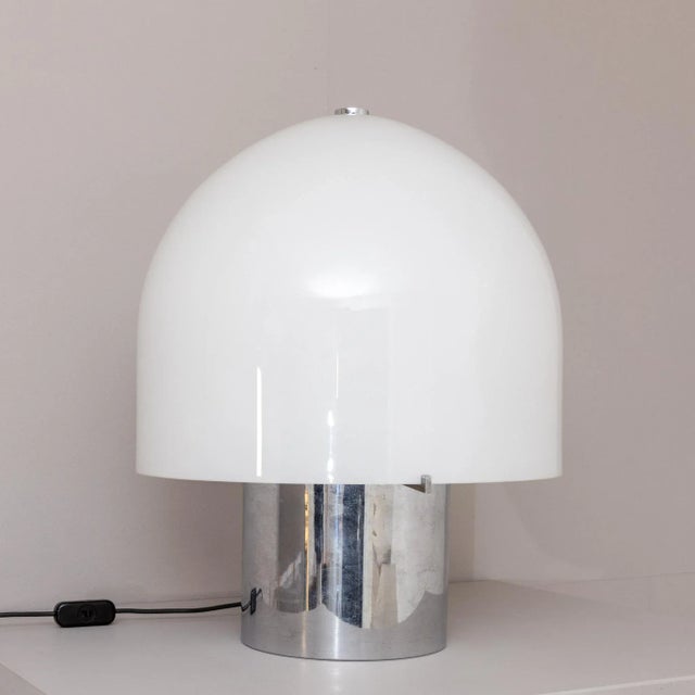Large table lamp on cylindrical chrome base and white opaque acrylic lamp shade. European Plug (up to 250V).The wiring of...