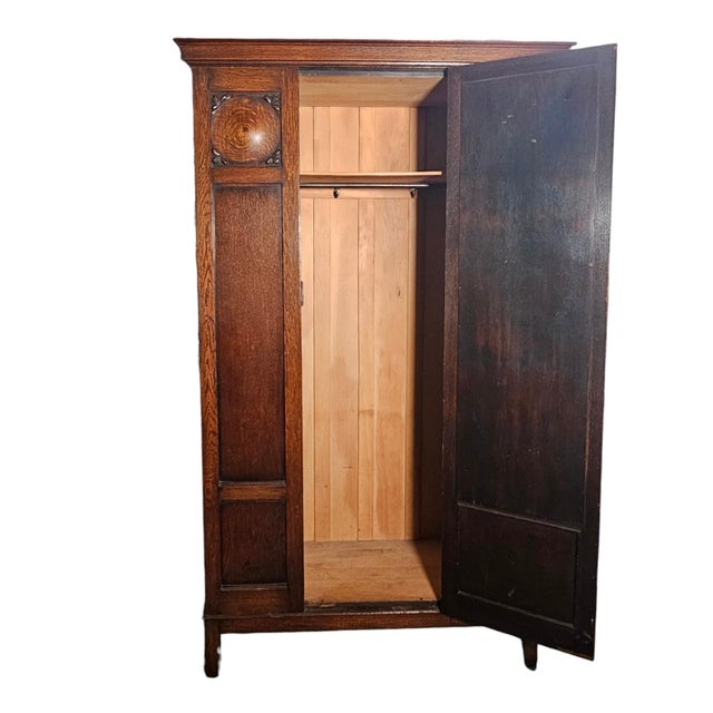 Arts & Crafts Carved Oak Wardrobe Armoire With Mirror Door, 76" For Sale In San Francisco - Image 6 of 15