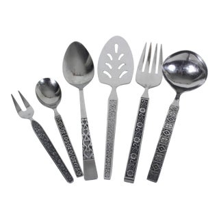 Curated Vintage Set of Six Mismatched Serving Pieces, Mid Century Modern Stainless Steel, Hostess Server, Serving Fork MCM Spoon Ladle For Sale