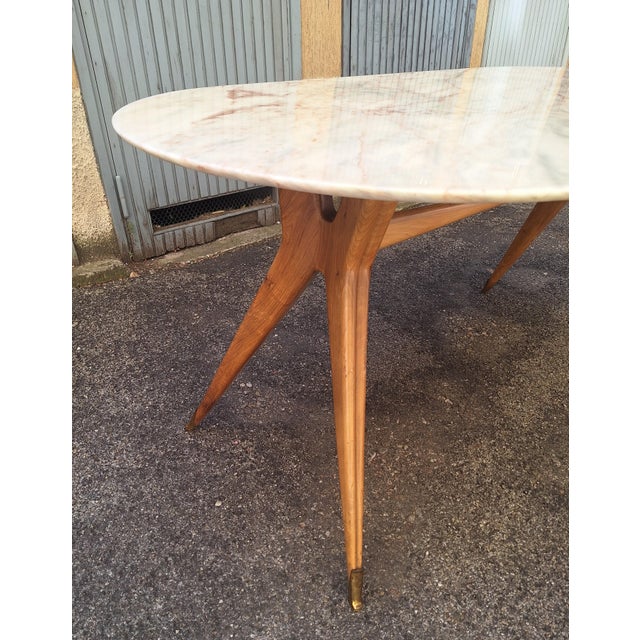 1950s Dining Table with Wooden Base, Brass Finishes and Marble Top, 1950s For Sale - Image 5 of 6