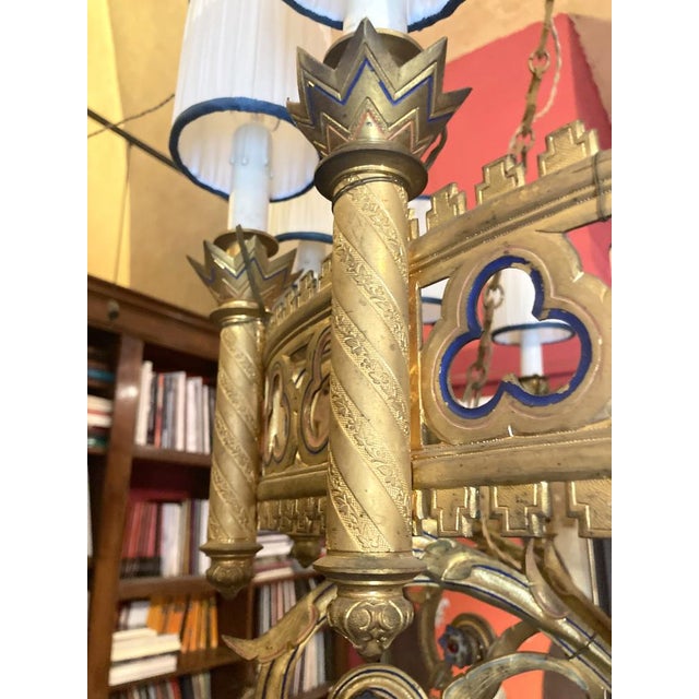 Large 19th Century Italian Gothic Revival Gilt Bronze and Enameld 12 Candle Lights Chandelier For Sale - Image 3 of 18