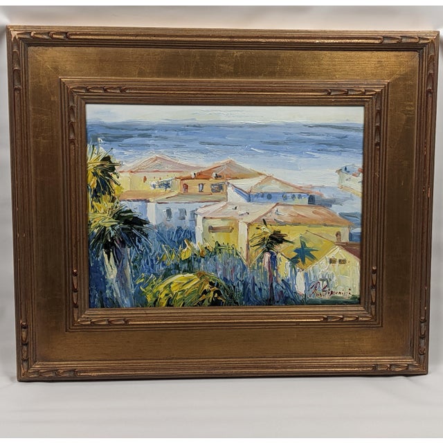 Late 20th Century Ray Simonini Mediterranean Village Oil Painting, Heavy Impasto, Blue & Gold For Sale - Image 9 of 18