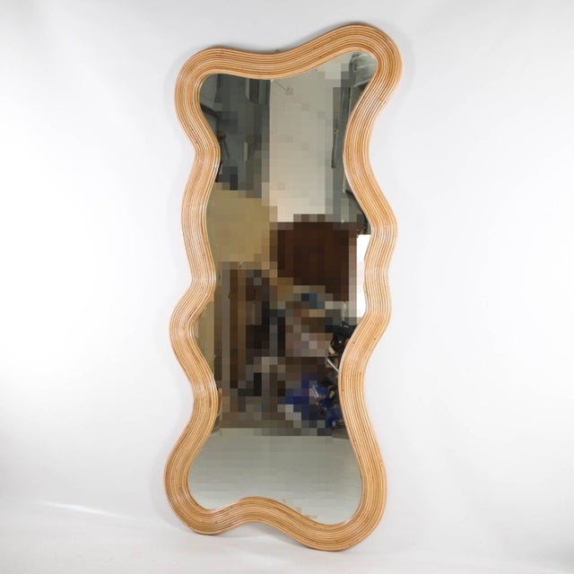 Mid-Century Modern Large Wavy Rattan Mirror For Sale - Image 3 of 14