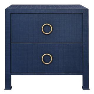 Matthew Izzo Home Edelman Textured Navy Blue Linen Two Drawer Side Table With Antique Brass Hardware For Sale