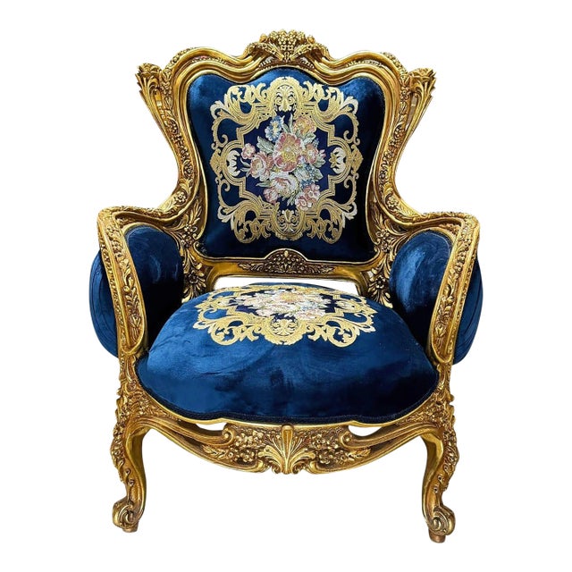 Blue Bergère Wing Chair – French Style Armchair With Gold Leaf Details For Sale