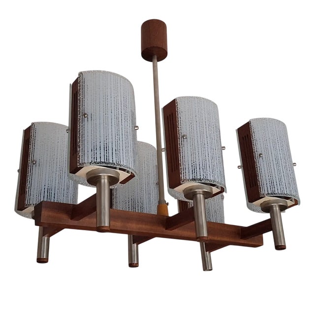 Brutalist Teak and Art Glass Chandelier, 1960s For Sale