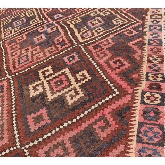 Textile All-Over Design Hand Woven Kilim Geometric Diamond Design in Brown, Pink, and Tan For Sale - Image 7 of 13