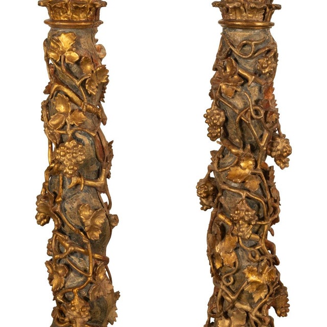 Antique Pair 17th Century Baroque Carved & Gilded Solomonic Columns Italy 1680 For Sale - Image 12 of 17