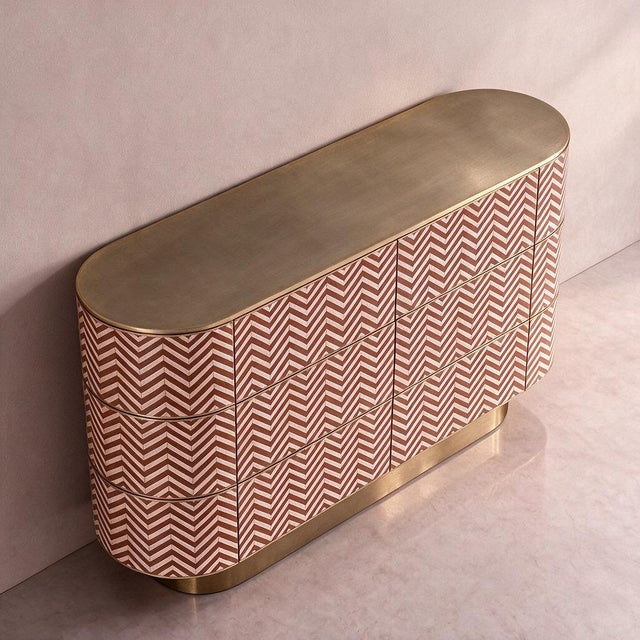 Art Deco Veyra Chevron Inlay Red Six-Drawer Dresser by House of Jaipur For Sale - Image 3 of 6