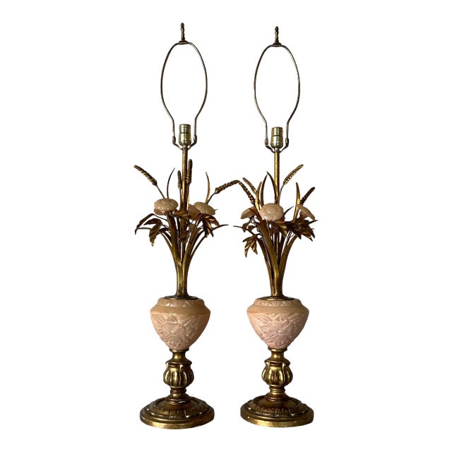 Italian Hollywood Regency Carved Marble Sheaf- Of -Wheat Table Lamps - A Pair/ Sold For Sale