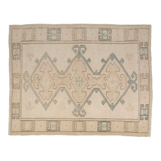 Vintage Turkish Oushak Rug in Cream and Sage Green Geometric Medallion For Sale