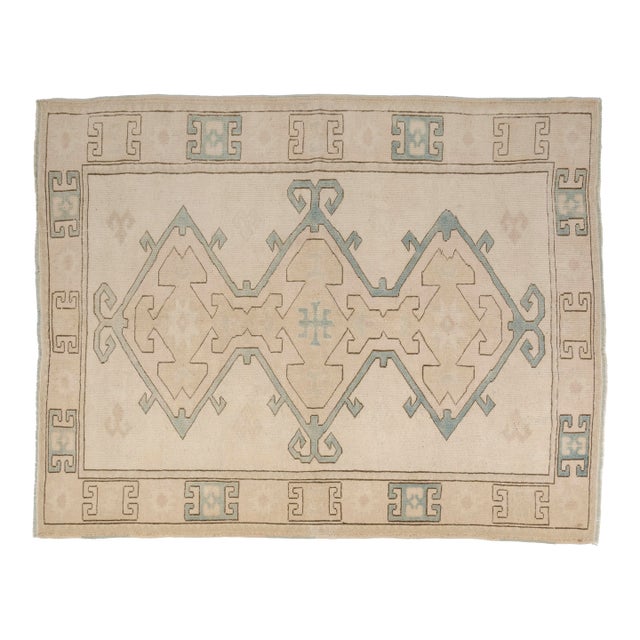 Vintage Turkish Oushak Rug in Cream and Sage Green Geometric Medallion For Sale