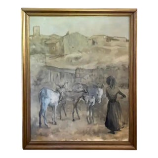Large Mid Century Spanish Oil on Canvas Painting - Tres Burros, Signed and Dated For Sale