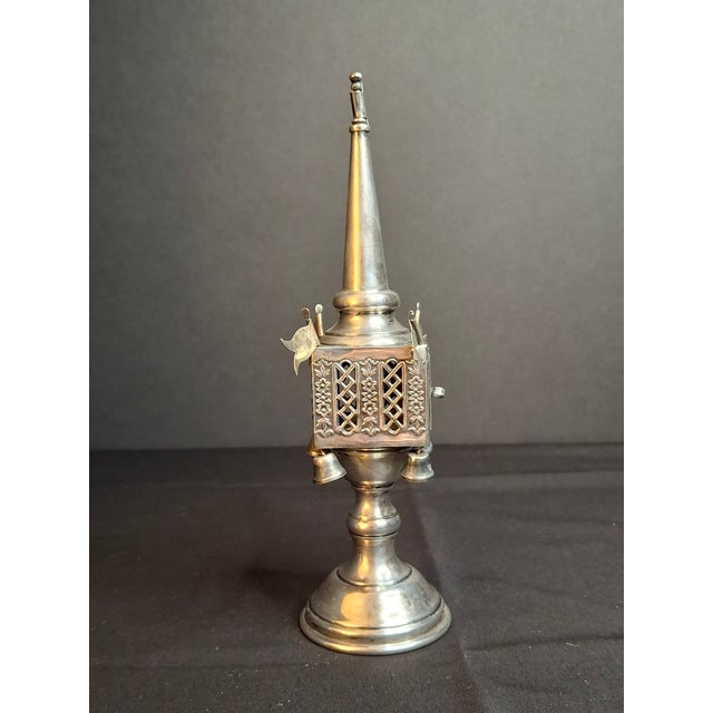 Vintage Sterling Silver Besamim Spice Tower Havdalah Judaica Bells Flags 72g For Sale - Image 4 of 17