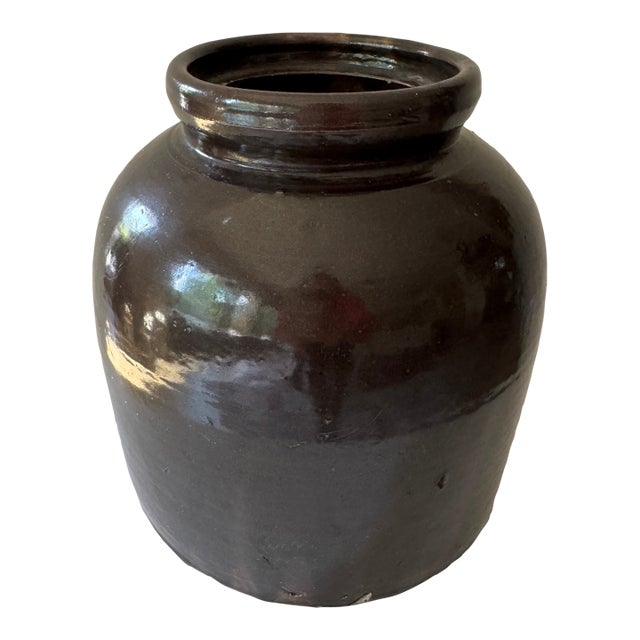 Antique Albany Slip Stoneware Storage Jar — 19th Century American, Dark Brown Glaze For Sale