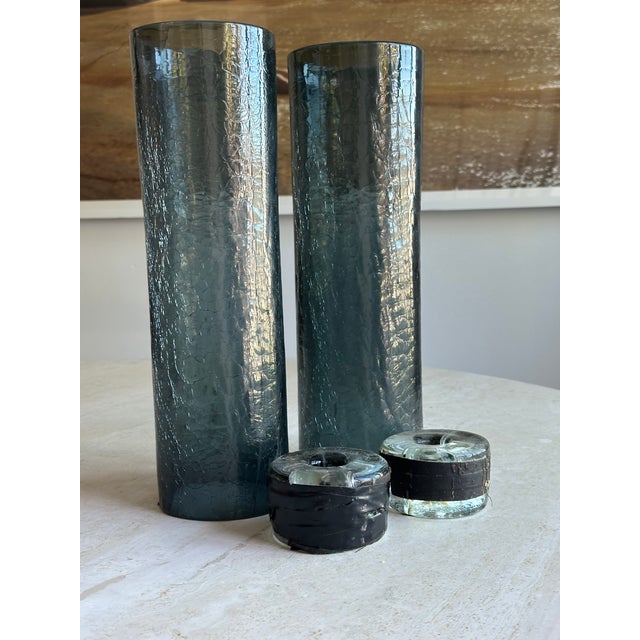 Mid-Century Modern Tall Crackle Glass Hurricane Candle Holders Slate Blue - Pair For Sale - Image 3 of 8