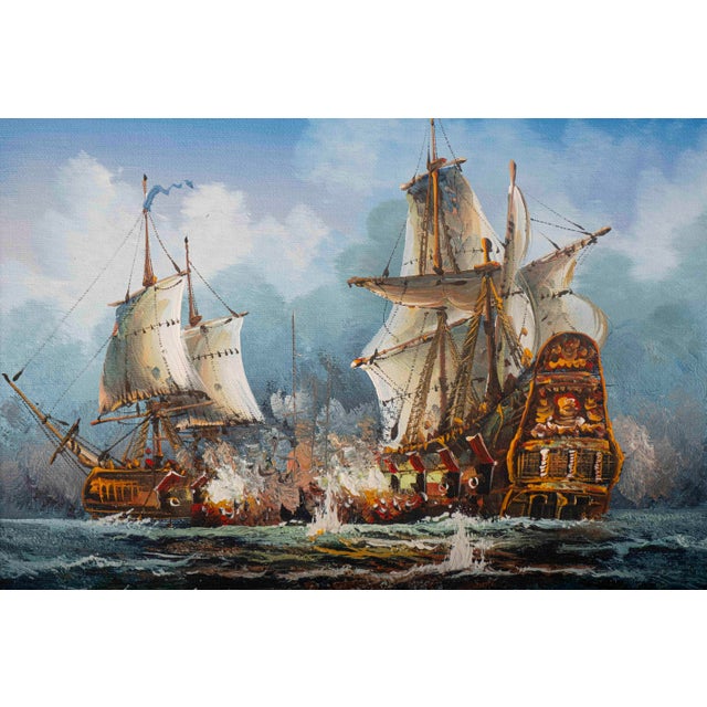 Traditional Vintage J. Harvey Naval Battle Original Oil Painting, Signed & Framed For Sale - Image 3 of 10