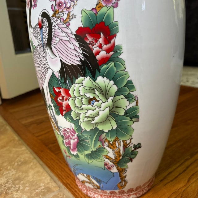 Vintage 24" Chinese Famille Rose Floor Vases - Matching Pair, Crane & Peony Motif For Sale - Image 10 of 12