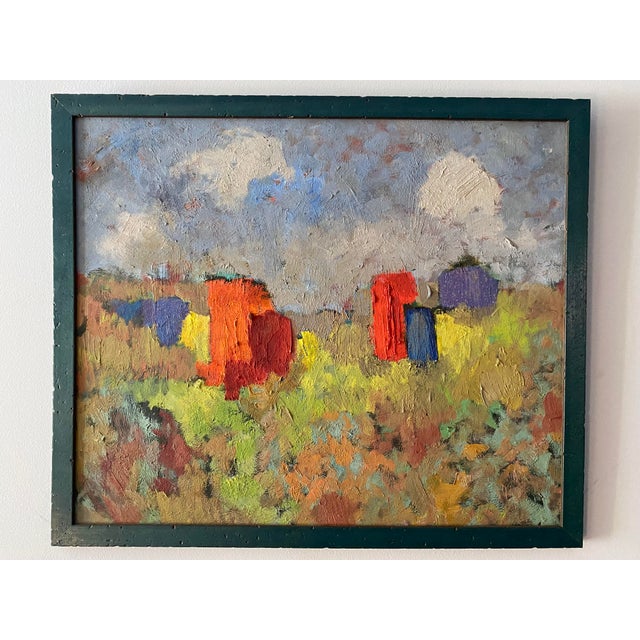 Wonderful colorful textured oil on board painting named “Structures” by Charles F Holman. In painted wood frame