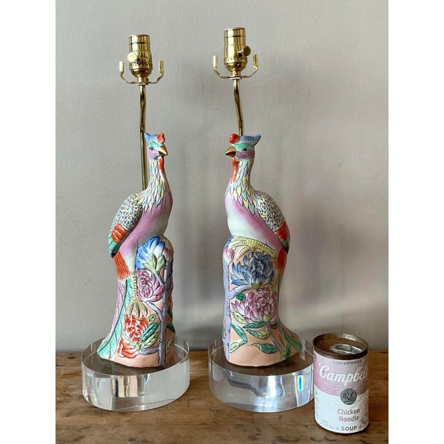 Vintage Asian Rose Famile Phoenix Glazed Ceramic Lamps - Set of 2 For Sale - Image 11 of 12