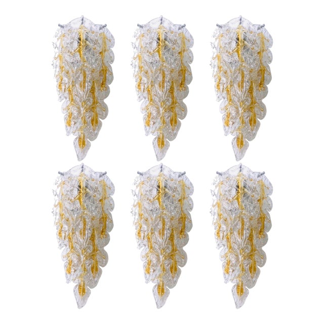 Mid-Century Modern Italian Murano Leaf Glass Wall Sconces from Mazzega, 1970s, Set of 6 For Sale