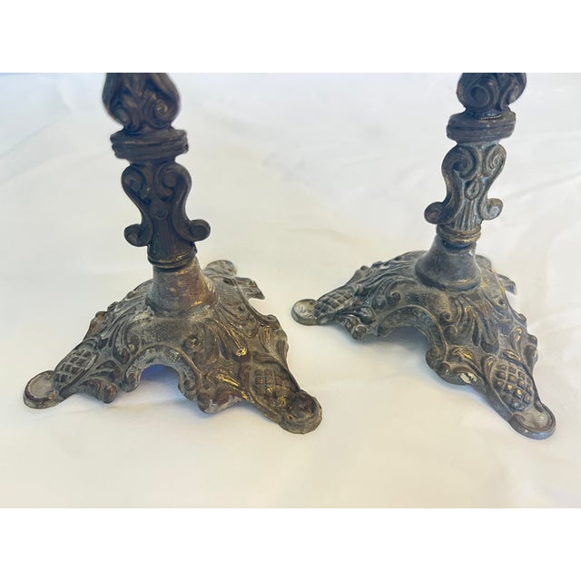 Metal Vintage Ornate Brass Candle Holders Action Made in Italy 3 Footed Baroque 6" For Sale - Image 7 of 12