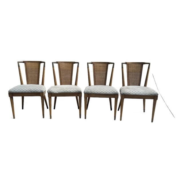 Mid Century Modern Bert England Forward Trend Cane and Brass Accented Dining Chairs, 1950 - Set of 4 For Sale