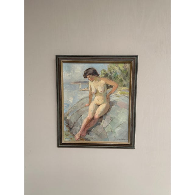Karl Vilhelm Anstensen, Coastal Scene with Sunbathing Nude Woman, 1957, Oil Painting on Canvas, Framed For Sale - Image 4 of 17