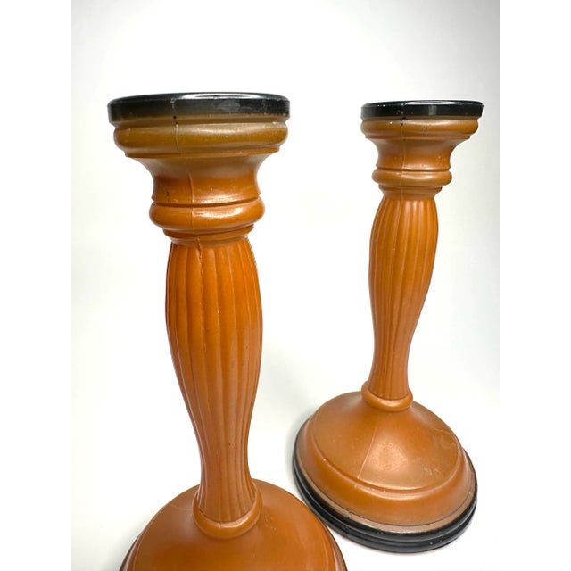 Vintage Art Deco Orange & Black Czechoslovakian Glass Candlesticks, a Pair For Sale - Image 4 of 11