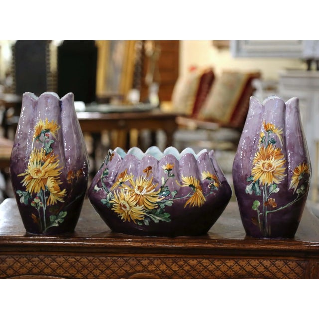 19th Century French Hand-Painted Barbotine Vases Signed P. Perret, Set of Three For Sale - Image 13 of 13