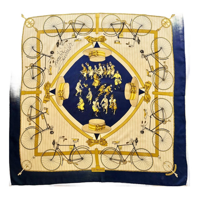 Hermès Les Bécanes Silk Scarf 1990 Grygkar Hugo Signed by Cycling Champion Raymond Poulidor For Sale