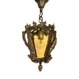 Brass Glass Single Light Chandelier, 1950s For Sale