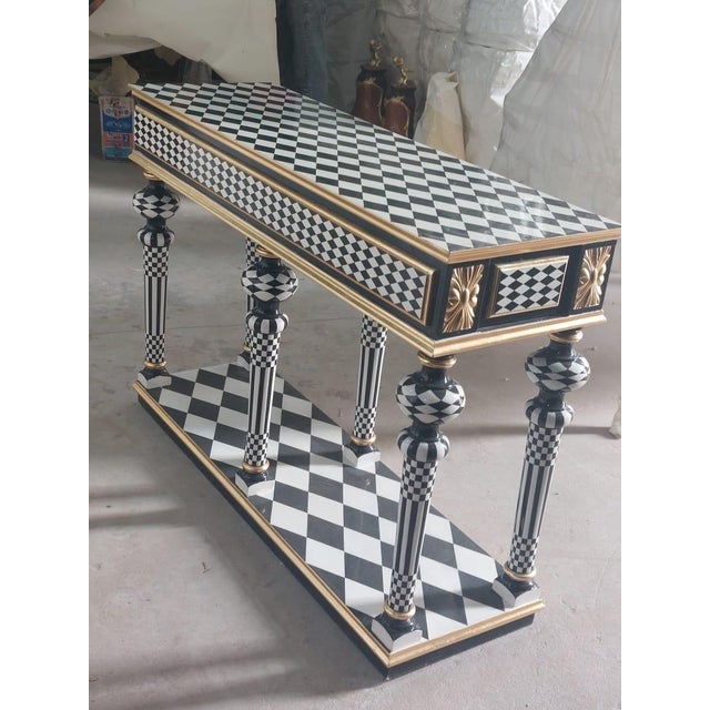 Wood Vintage Harlequin Entryway Console Table Black & White Hollywood Regency For Sale - Image 7 of 9