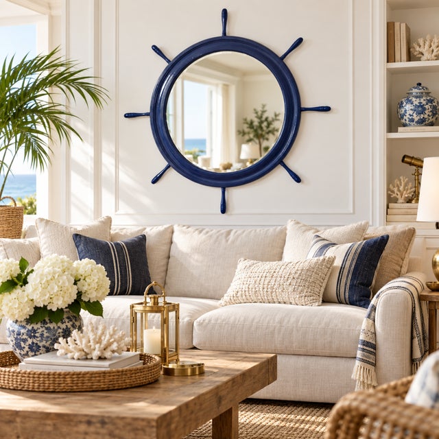 Superb Fully Restored 35" Oversized Ship's Wheel Wall Mirror In Deep Semi Gloss Navy Circa 1940/1950's Measurements: 35"T...