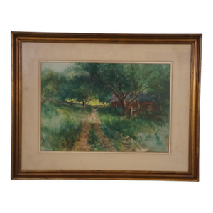 Antique Edward Loyal Field Signed Red Barn Country Road Watercolor Painting 28"