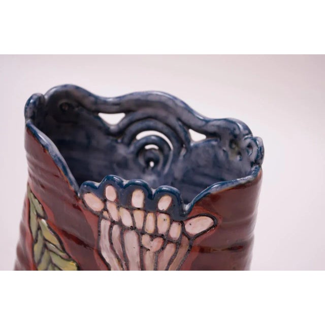 Midcentury Studio Terracotta Floral Vase Signed For Sale - Image 9 of 12