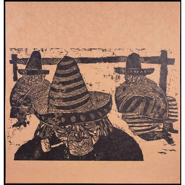 Mexican is an original woodcut print realized by an unknown artist of early 20th century. Very good condition on a brown...