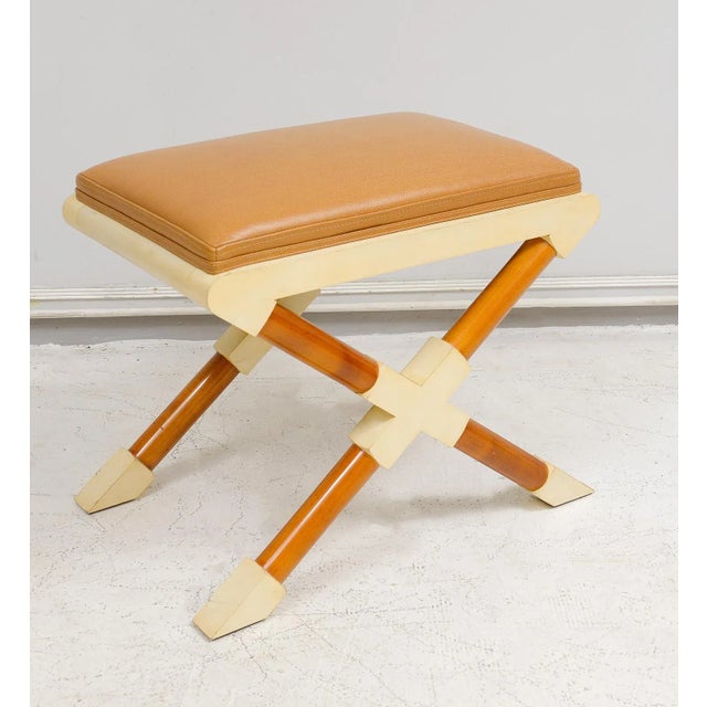 Wood Bespoke Pair of Georgetta Parchment X-Frame Benches For Sale - Image 7 of 9