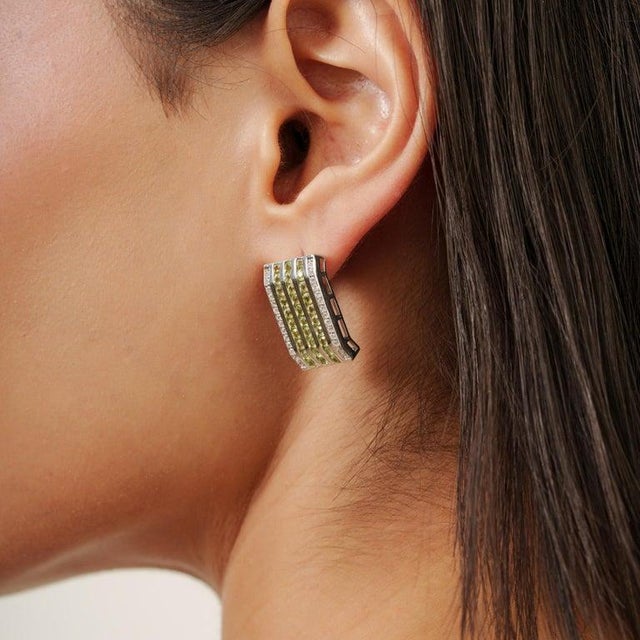 Green Silver Multi-Band Peridot Zircon Wide Bar Half Hoop Earrings- A Pair For Sale - Image 8 of 12