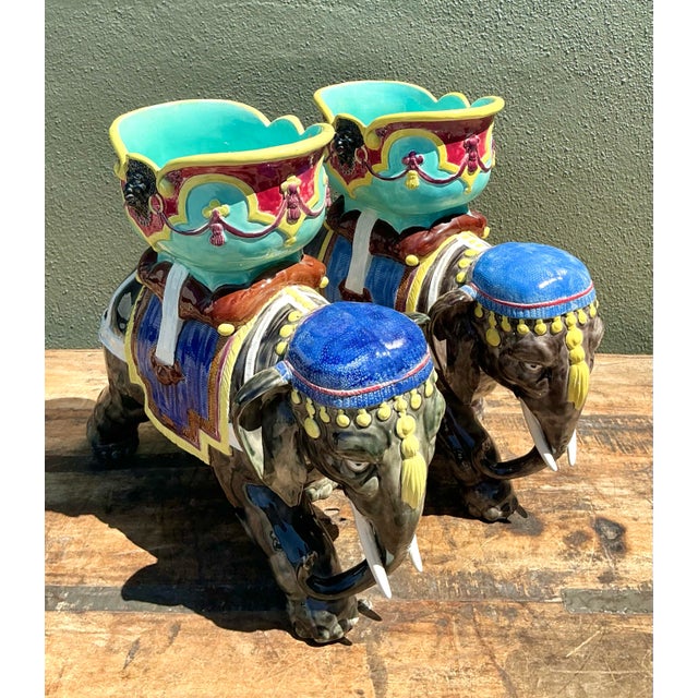 Vintage Glazed Ceramic Polychromed Elephants - A Pair For Sale - Image 10 of 12