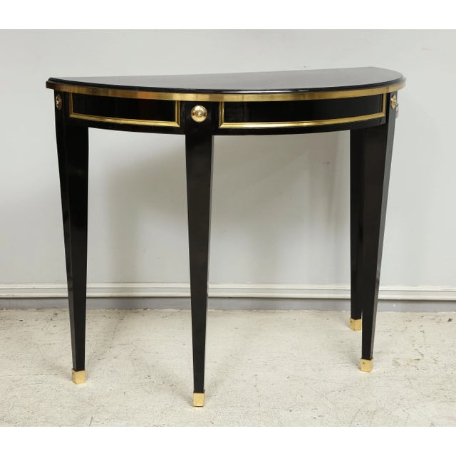 Bespoke Pair of Brass-Banded Demilune Consoles in the Neoclassic Manner For Sale In New York - Image 6 of 12