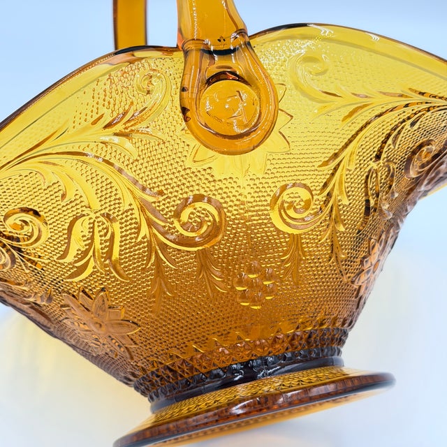 Brockway Indiana Glass Large Tiara Amber Sandwich Handled Basket Signed j.t. For Sale - Image 10 of 10