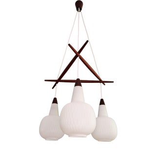Scandinavian Chandelier in Teak and White Opaline Glass, 1960s For Sale