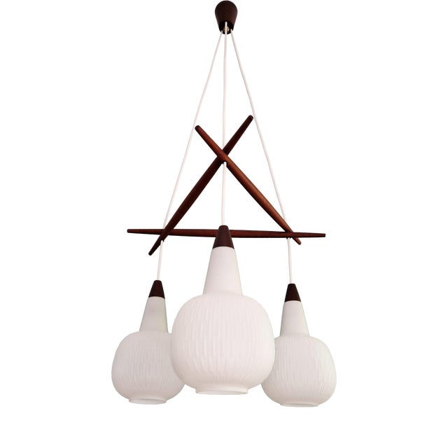 Scandinavian Chandelier in Teak and White Opaline Glass, 1960s For Sale