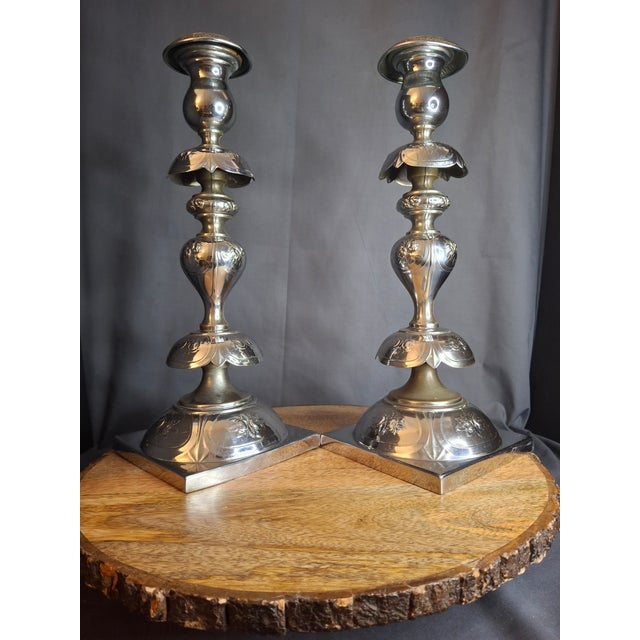 Antique Norblin Warszawa Silverplate Shabbat Candlesticks 12" Rose Judaica Pair 1890 For Sale - Image 4 of 18