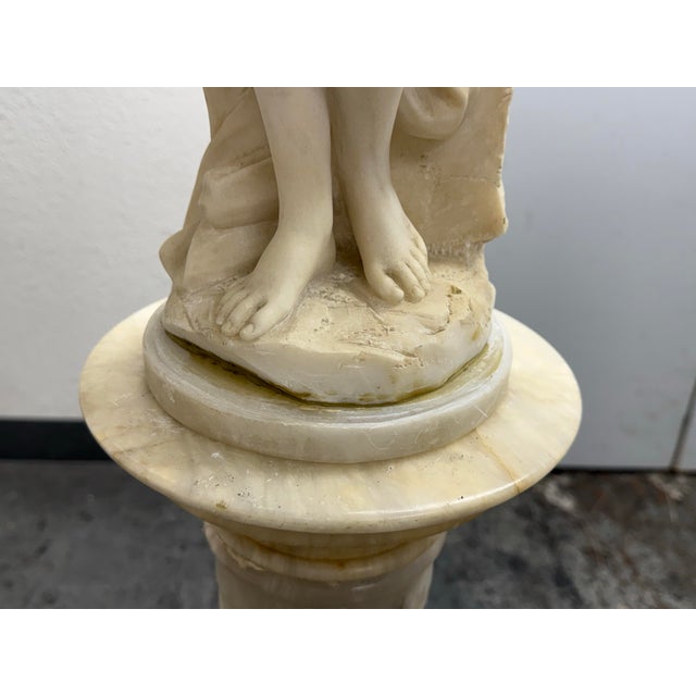 19th Century Emilio Fiaschi Alabaster Nude Female Sculpture on Marble Pedestal Stand, Set of Two For Sale - Image 9 of 12