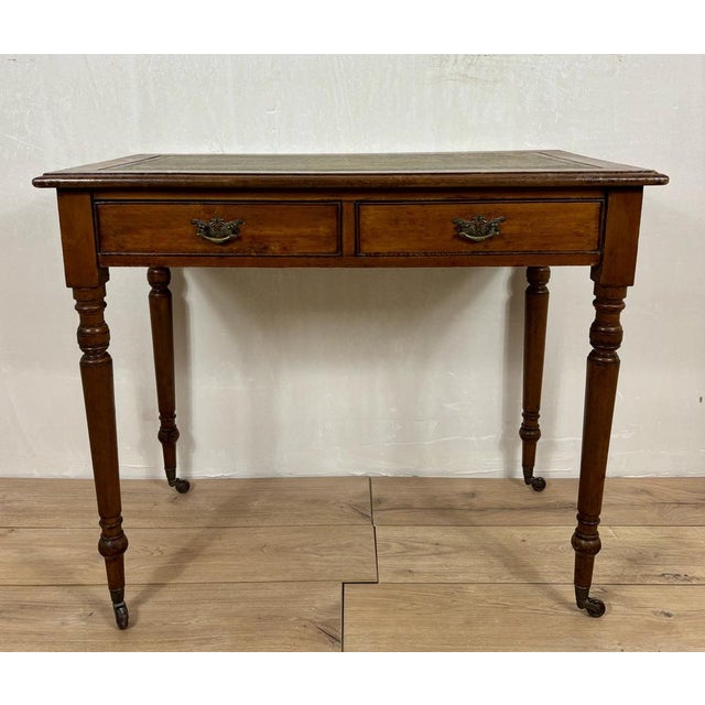 Antique English Style Wooden Writing Table with Leather Top and Drawers, 1930s For Sale - Image 3 of 13